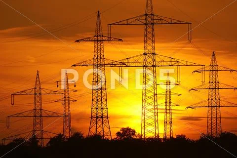 Transmission Lines, Overhead Line Towers, With Setting Sun, Beinstein In Stut