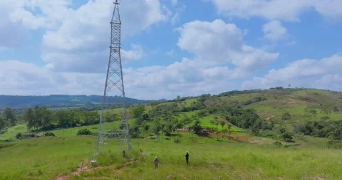 Transmission tower and utility workers in Santo Antônio do Monte Minas Gerais Stock Footage 335192203