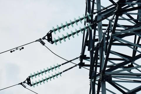 Transmission Tower Body with Multiple Insulators and Lines Stock Photos