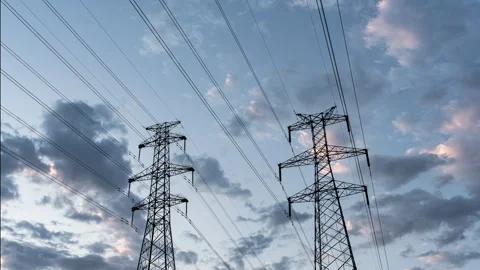 Transmission tower power facility sky cloud Stock Footage 243778371