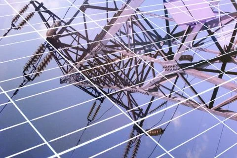 Transmission tower reflected in solar panel Stock Photos