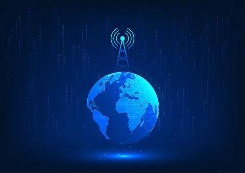 Transmission tower technology Placed on the world with information lines Re.. 스톡 일러스트