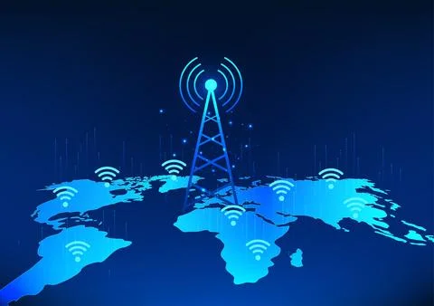 Transmission tower technology on world map with wifi icon Refers to the tec.. Illustration