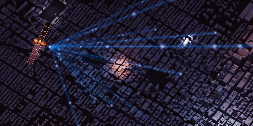 Transmitting signals through communications satellites in the sky and the c.. Stock-Illustration