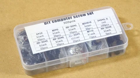 Transparent 305-piece DIY computer screw assortment box with labeled compar.. Stock Footage 339372880