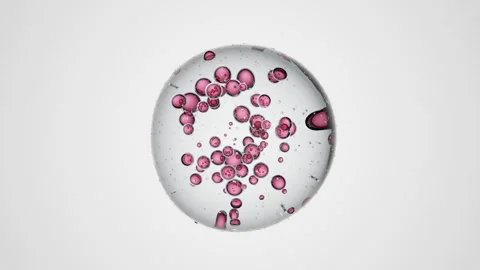 Transparent 3D liquid droplet with pink suspended inner drops Stock Footage 335958702
