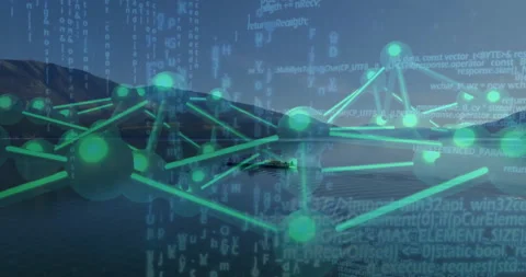Transparent 3D network initiating code streaming shifting revealing rowing boat Stock Footage 309721809