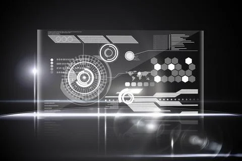 Transparent 3D panel is floating above floor in tech space with HUD rings and Stock Illustration