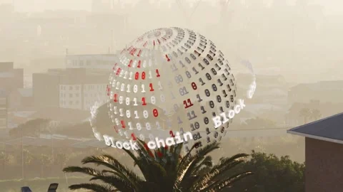 Transparent 3D sphere appearing left rotating clockwise above palm tree Stock Footage 323147524