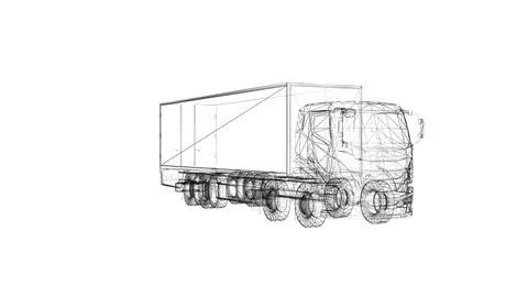 Transparent 3D Wireframe Rendering of Truck and Trailer Visualization Prototy Stock Illustration