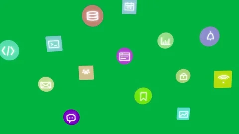 Transparent backdrop teal code circle appearing left, icons entering, orbiting, Stock Footage 334727010