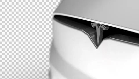 Transparent background, close-up macro shot of the Tesla logo on the front .. 스톡 일러스트