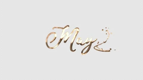 Transparent background gold calligraphy 'May' title with metallic paint splatte Vídeos de archivo 336556327