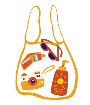 Transparent bag with beach accessories. Sunscreen, glasses, camera, wallet. S Stock Illustration