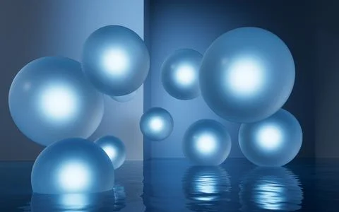 Transparent balls with water surface, 3d rendering. Illustrazione stock