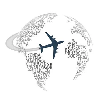 Transparent Black Globe Design with Letters Pattern, Airplane Flying Around.. Illustrazione stock