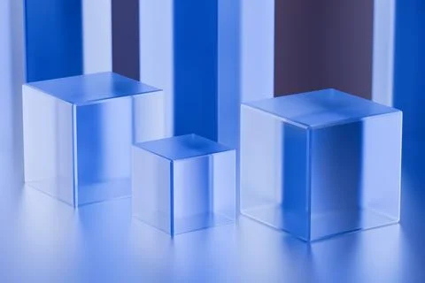 Transparent blue cubes of varying sizes displayed on a reflective surface. Stock-Illustration
