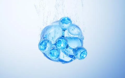Transparent blue molecule and water bubbles underwater, 3d rendering. Stock Illustration