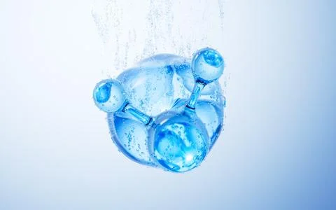 Transparent blue molecule and water bubbles underwater, 3d rendering. Stock Illustration
