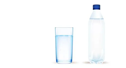 Transparent blue plastic water bottle with a blue cap and a stacked glass of  Stock Illustration