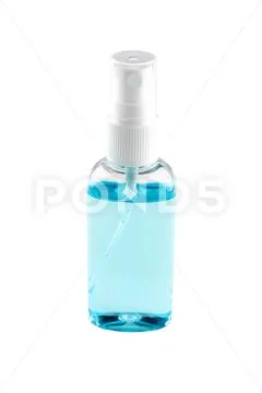 Transparent bottle with antiseptic gel. Blue antibacterial spray for hands is Stock Photos