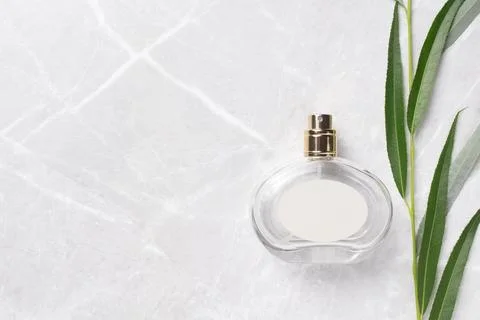 Transparent bottle of perfume on a marble background. Fragrance presentatio.. Stock Photos
