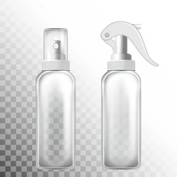 Transparent bottle set with atomizer on white and transporent background. Moc Stock Illustration