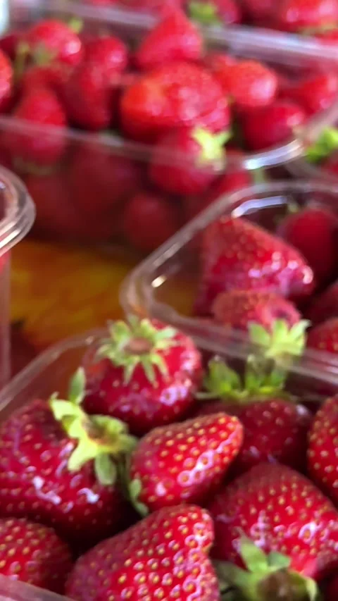 Transparent boxes filled with ripe strawberries on bazaar counter with vibrant Stock Footage 345725709