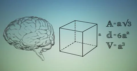 Transparent brain and black math graphics against blue green background Illustrazione stock