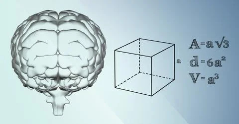 Transparent brain and black math graphics against blue background Stock Illustration
