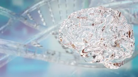 Transparent Brain with DNA Helix Technology Background 3d render. Stock Illustration