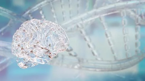 Transparent Brain with DNA Helix Technology Background 3d render. Stock Illustration