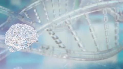 Transparent Brain with DNA Helix Technology Background 3d render. Stock Illustration