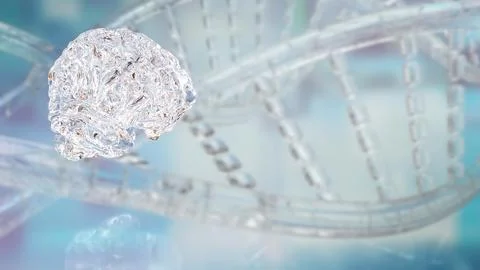 Transparent Brain with DNA Helix Technology Background 3d render. Stock Illustration