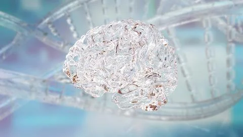 Transparent Brain with DNA Helix Technology Background 3d render. Stock Illustration