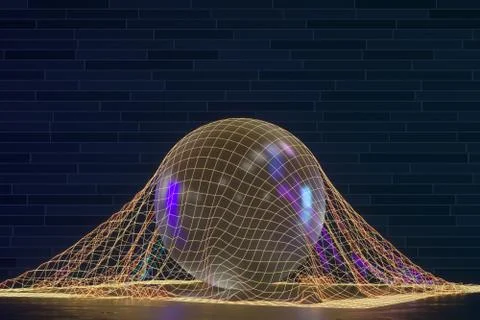 Transparent bubble in the golden grid, 3d rendering. Stock Illustration