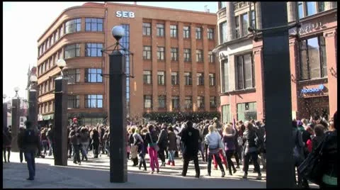 Transparent bubbles are flying against the blue sky and entertains the crowds Stock Footage