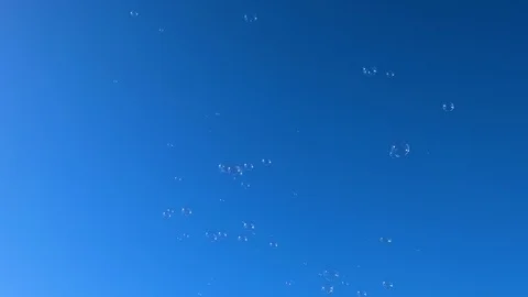 Transparent bubbles flying on clear blue sky background, bubble float motion 4k Stock Footage 121506522
