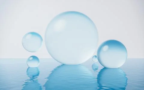 Transparent bubbles with water surface, 3d rendering. Illustrazione stock