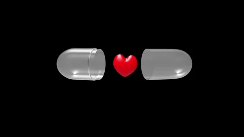 Transparent capsule halves with a red heart on black in 3D animation. 库存影片 334684064