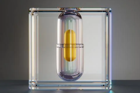 Transparent capsule with yellow pill inside displayed in a glass cube. Illustrazione stock
