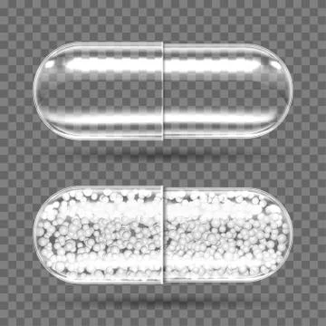 Transparent capsules empty and with granules. Stock Illustration