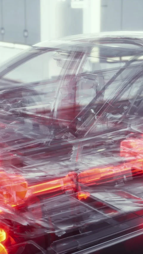 Transparent car displaying engine mechanics in a modern setting 스톡 동영상 309626863