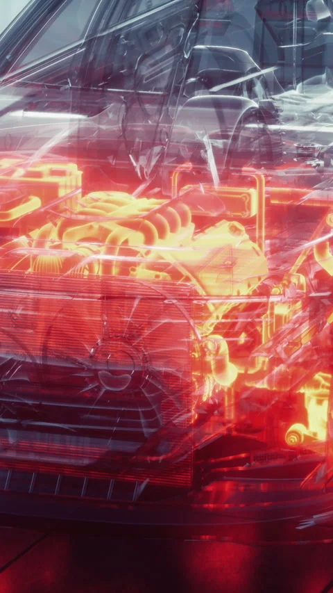 Transparent car displaying intricate engine details in a modern setting Video stock 308914250