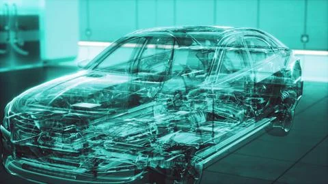 Transparent car with engine in laboratory Stock Illustration