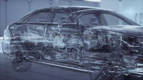 Transparent car with engine in laboratory Illustrazione stock