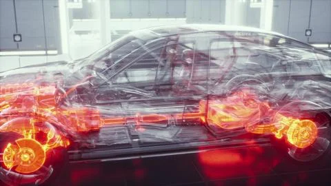 Transparent car with engine in laboratory Stock Illustration