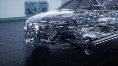 Transparent car with engine in laboratory Stock Illustration