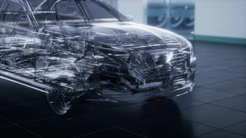 Transparent car with engine in laboratory Stock Illustration