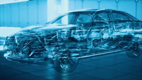 Transparent car with engine in laboratory Stock Illustration